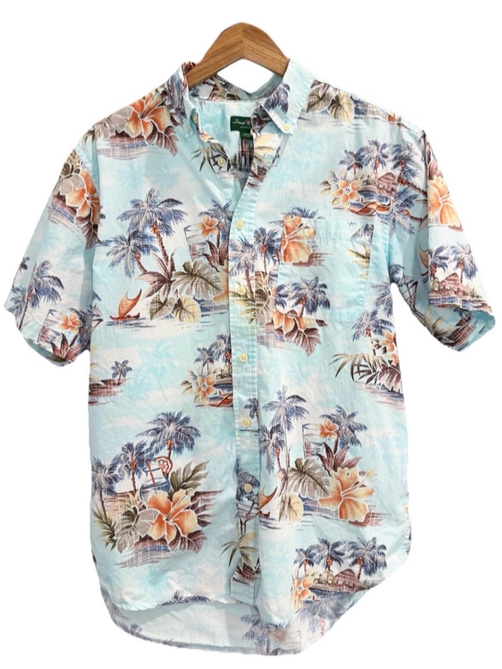 David Taylor Hawaiian Shirt Large Blue Tropical Floral Palm Tree 100% Cotton